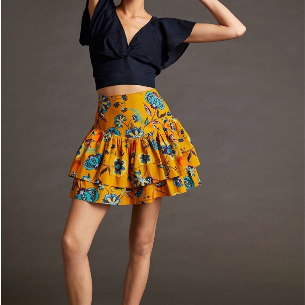 Maeve Anthropologie A-Line Tiered Floral Orange Golden Mini Skirt